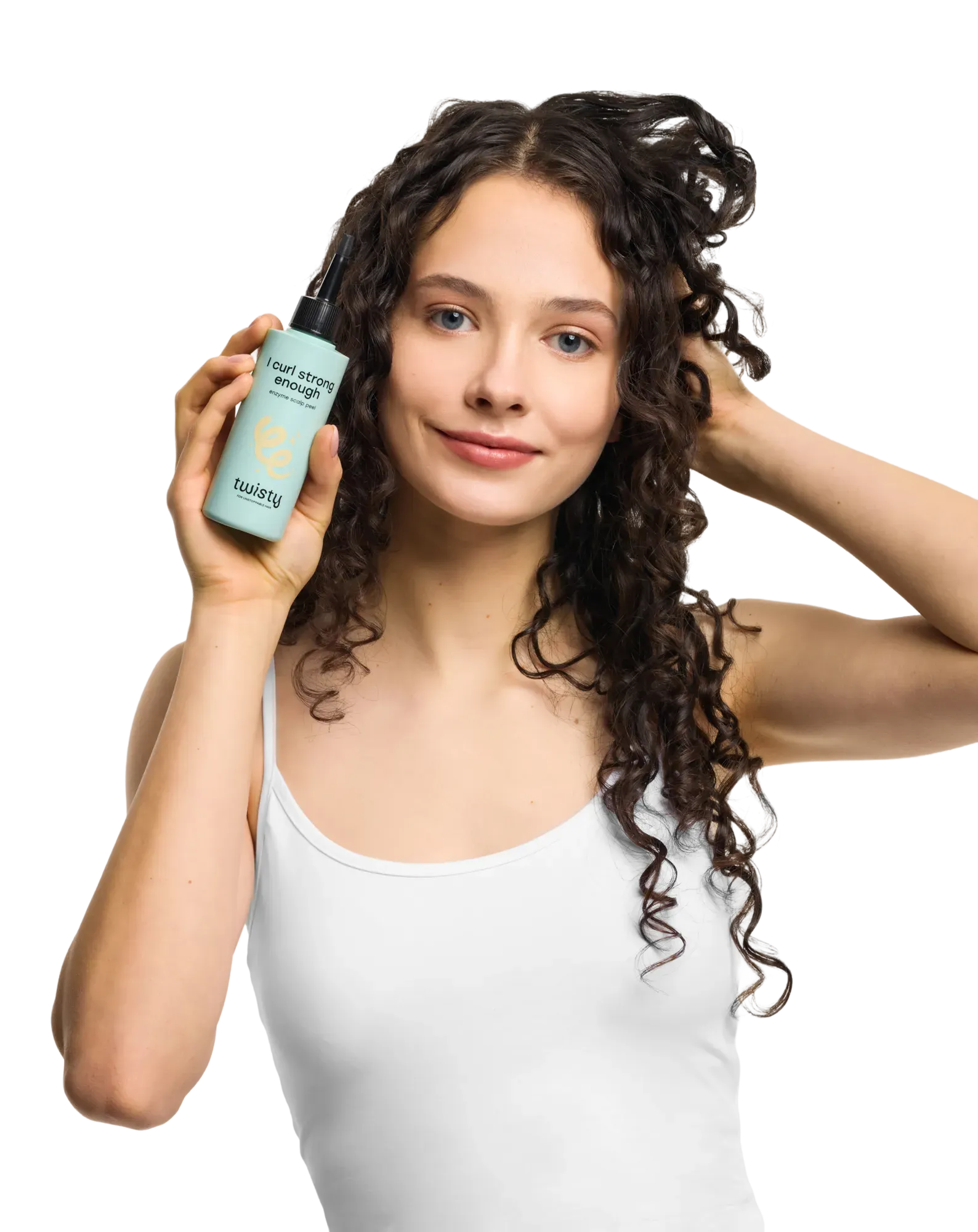 Woman enjoying bouncy, defined curls after using Twisty products